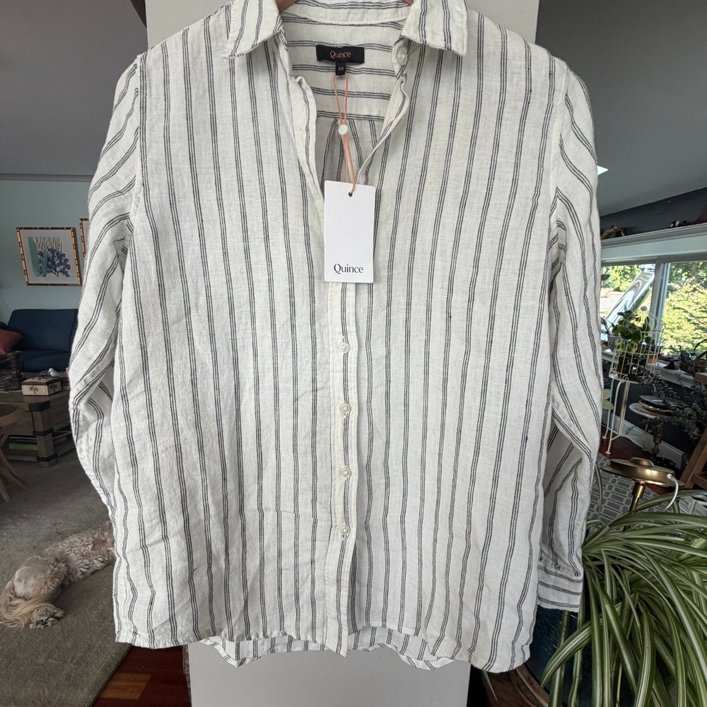 Quince Linen Long Sleeve Shirt Womens XS Oatmeal Black Stripe NWT European Linen